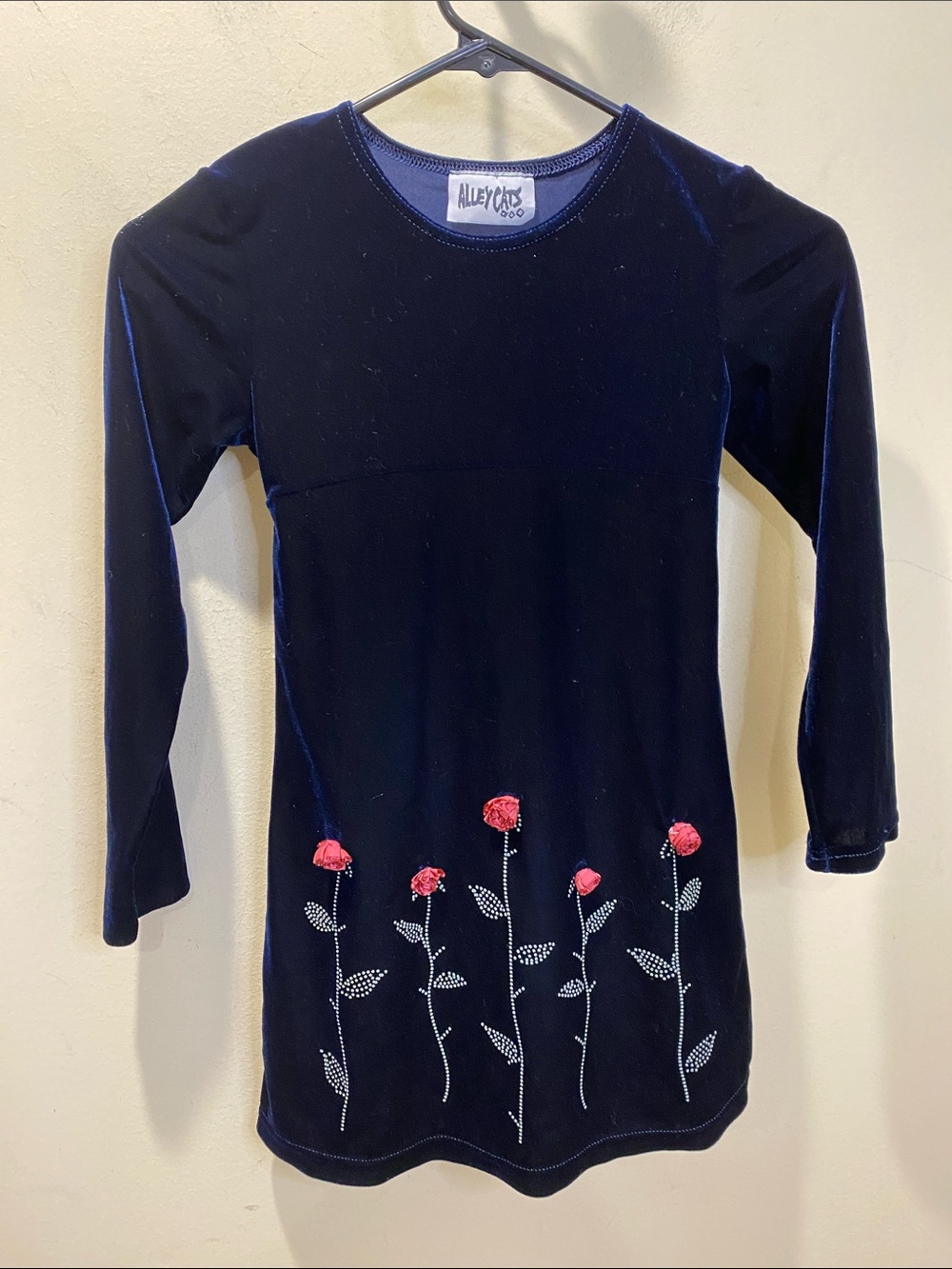 ALLEYCATS Girls' Navy Velvet Dress with Pink Rose Appliqués Sz 6